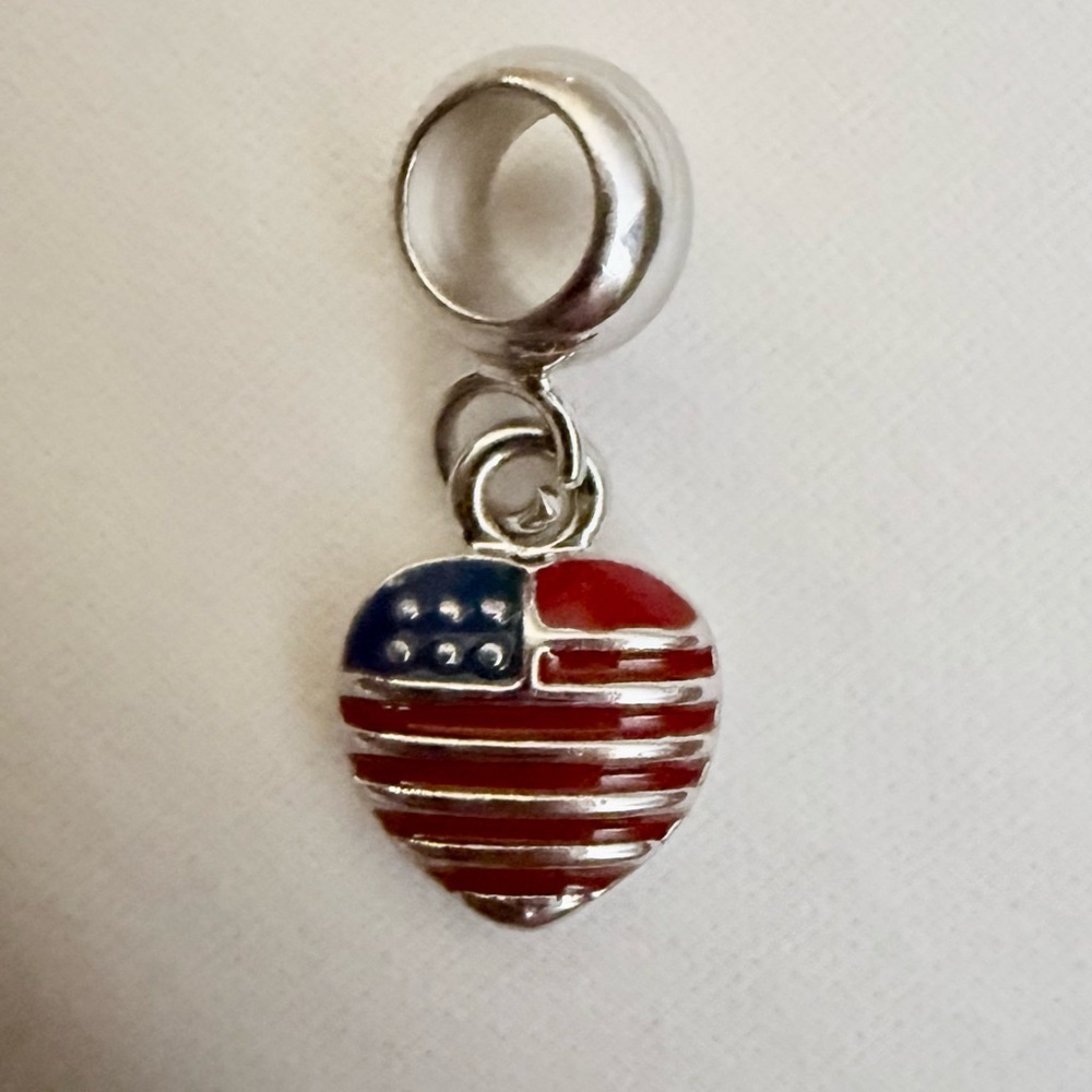 Silver Patriotic Heart Dangle Charm - Red & Blue